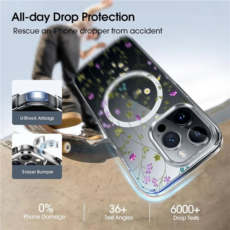 For iPhone 16 Pro Case Flower Series TPU+PC Phone Cover Compatible with MagSafe - Transparent
