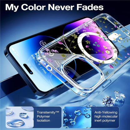 For iPhone 16 Pro Max Case Flower Series TPU+PC Phone Cover Compatible with MagSafe - Transparent