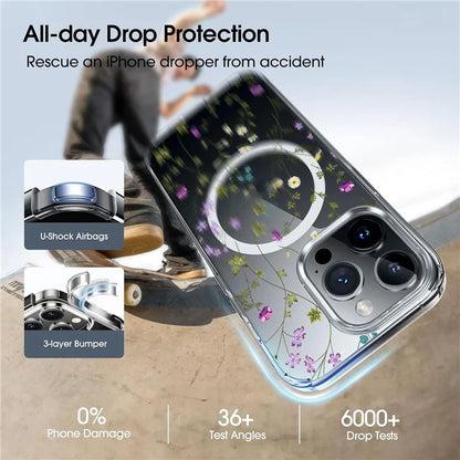 For iPhone 16 Pro Max Case Flower Series TPU+PC Phone Cover Compatible with MagSafe - Transparent