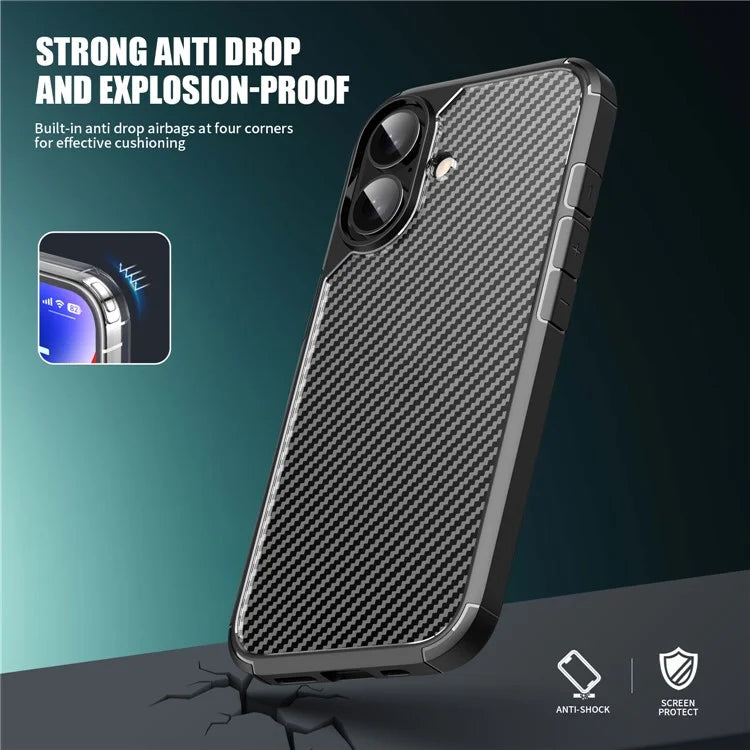 For iPhone 16 Plus Case Carbon Fiber Texture Anti-Scratch TPU+PC Back Cover