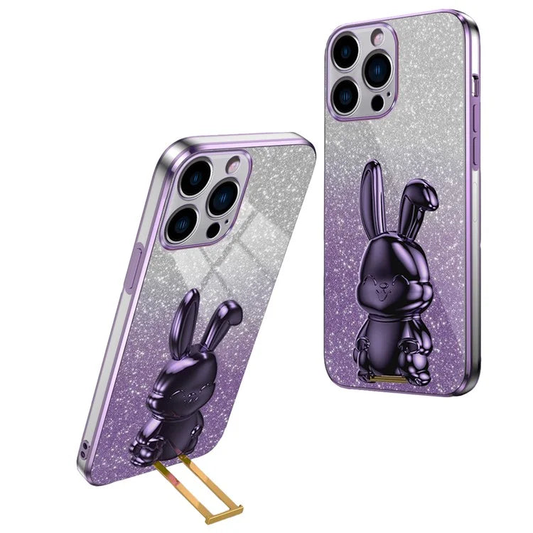 For iPhone 16 Pro Case Electroplating Glitter Rabbit PC+TPU Phone Cover with Kickstand