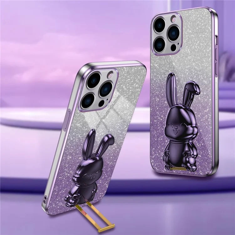 For iPhone 16 Pro Case Electroplating Glitter Rabbit PC+TPU Phone Cover with Kickstand