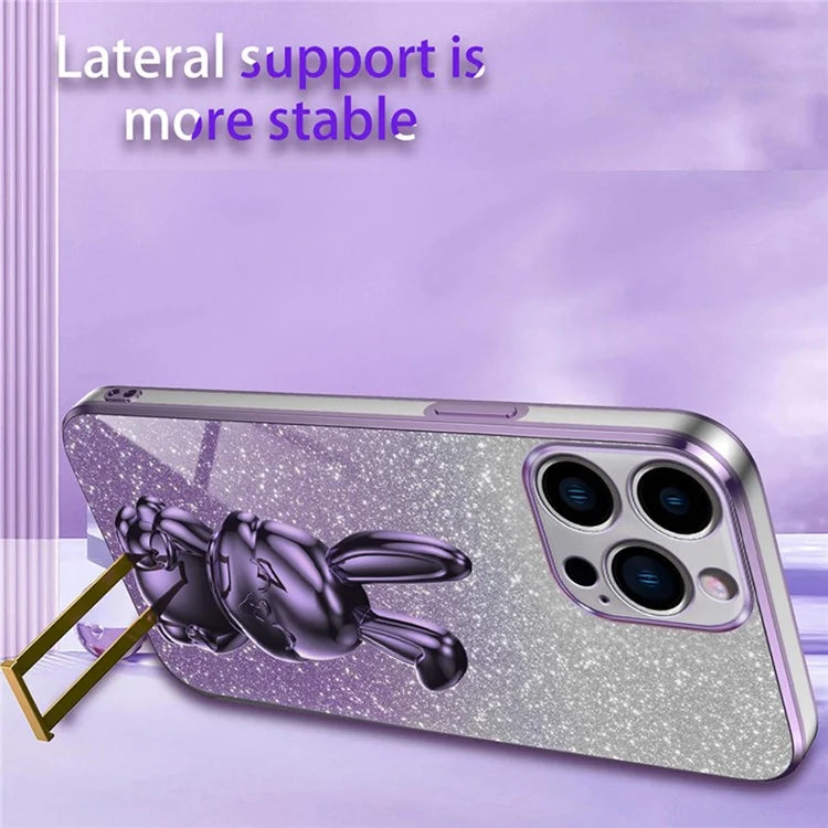 For iPhone 16 Pro Case Electroplating Glitter Rabbit PC+TPU Phone Cover with Kickstand