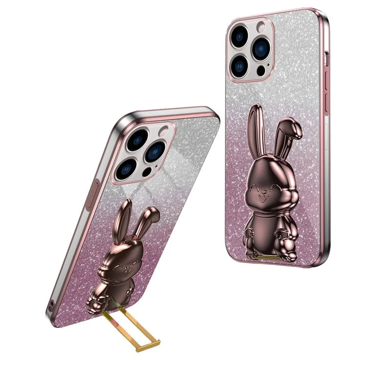 For iPhone 16 Pro Case Electroplating Glitter Rabbit PC+TPU Phone Cover with Kickstand