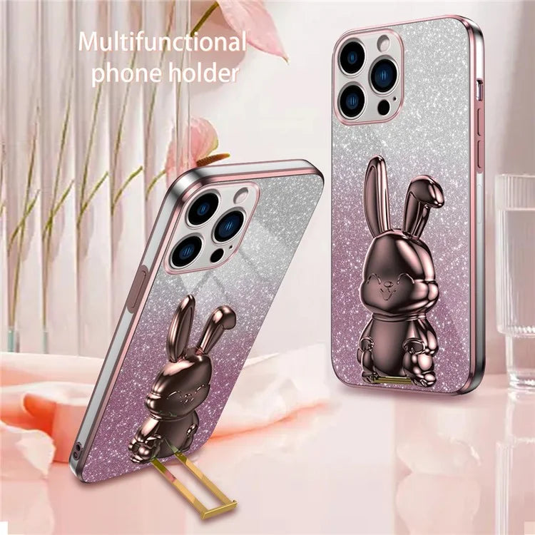 For iPhone 16 Pro Case Electroplating Glitter Rabbit PC+TPU Phone Cover with Kickstand