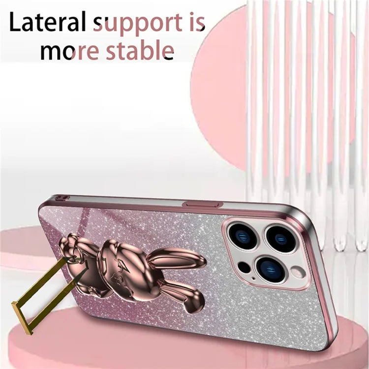 For iPhone 16 Pro Case Electroplating Glitter Rabbit PC+TPU Phone Cover with Kickstand