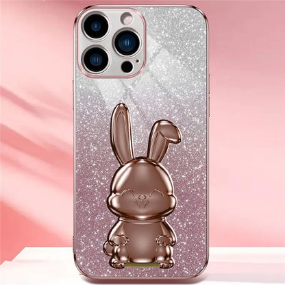 For iPhone 16 Pro Case Electroplating Glitter Rabbit PC+TPU Phone Cover with Kickstand
