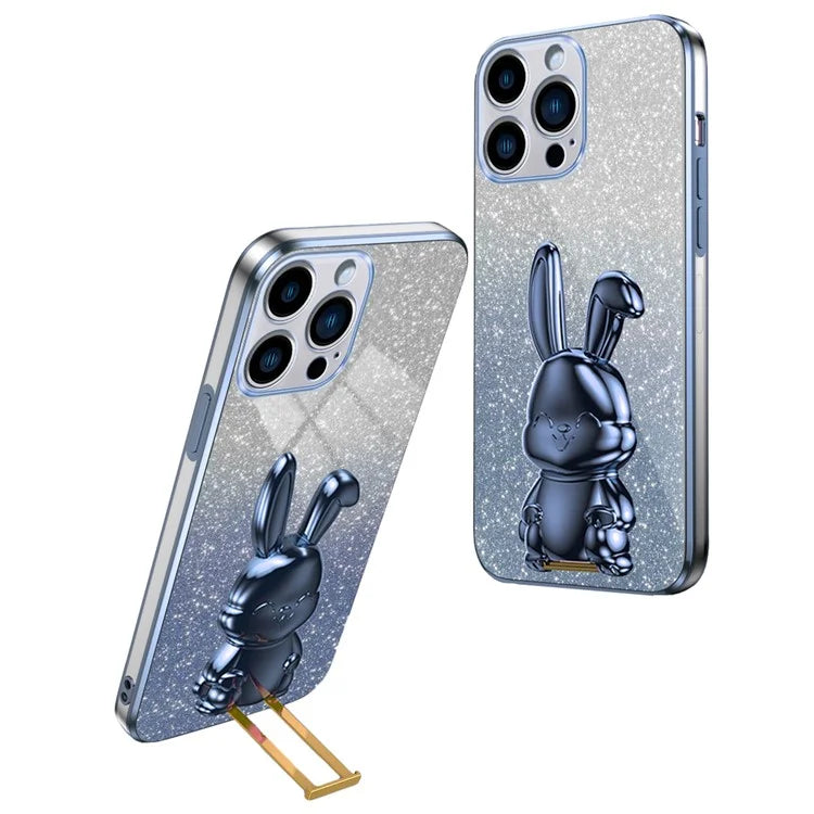 For iPhone 16 Pro Case Electroplating Glitter Rabbit PC+TPU Phone Cover with Kickstand