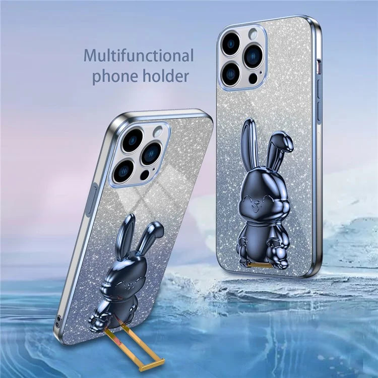 For iPhone 16 Pro Case Electroplating Glitter Rabbit PC+TPU Phone Cover with Kickstand