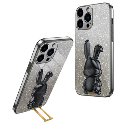 For iPhone 16 Pro Case Electroplating Glitter Rabbit PC+TPU Phone Cover with Kickstand