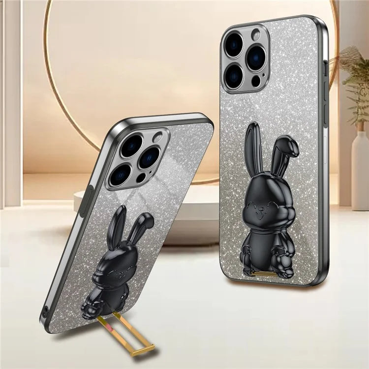 For iPhone 16 Pro Case Electroplating Glitter Rabbit PC+TPU Phone Cover with Kickstand