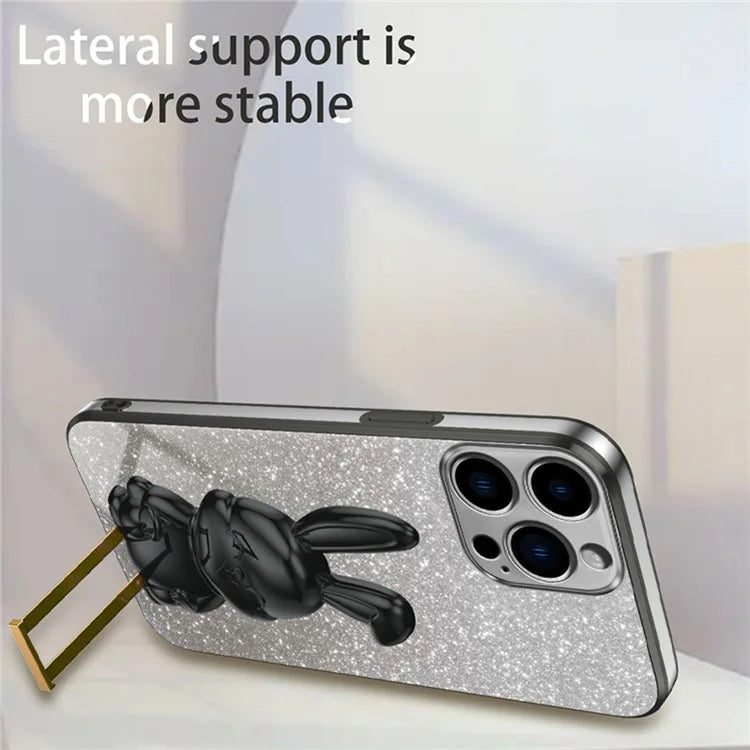 For iPhone 16 Pro Case Electroplating Glitter Rabbit PC+TPU Phone Cover with Kickstand