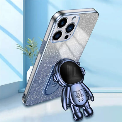 For iPhone 16 Pro Case with Astronaut Kickstand PC+TPU Phone Cover Shiny Glitter