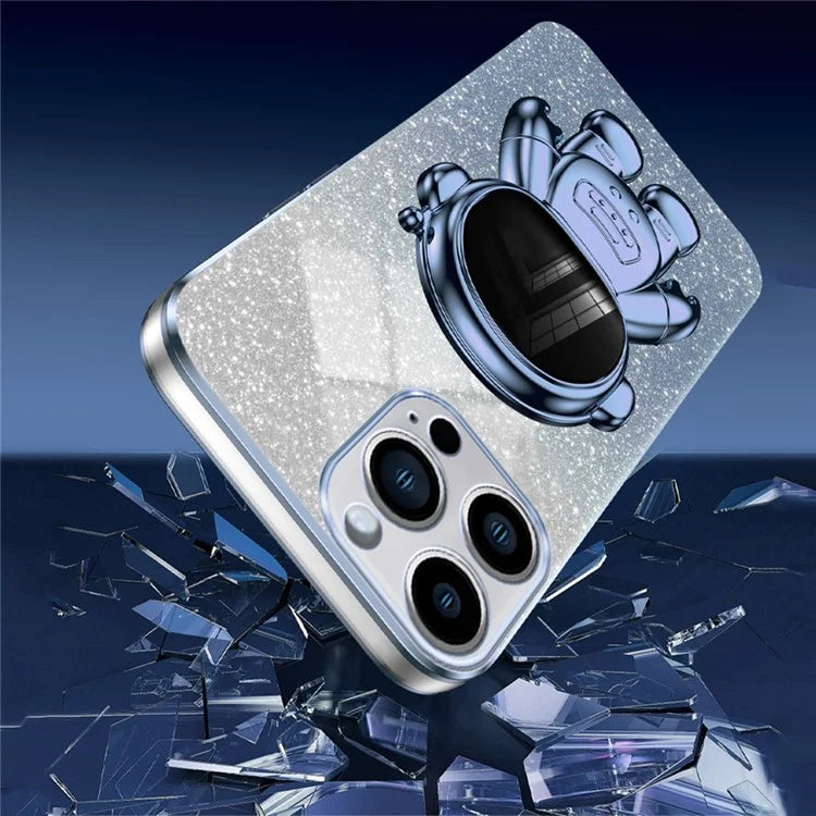 For iPhone 16 Pro Case with Astronaut Kickstand PC+TPU Phone Cover Shiny Glitter