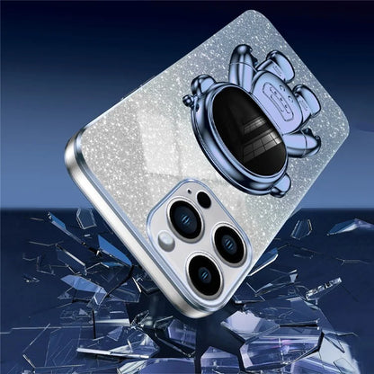 For iPhone 16 Pro Case with Astronaut Kickstand PC+TPU Phone Cover Shiny Glitter
