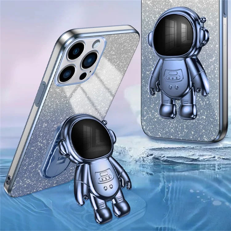 For iPhone 16 Pro Case with Astronaut Kickstand PC+TPU Phone Cover Shiny Glitter
