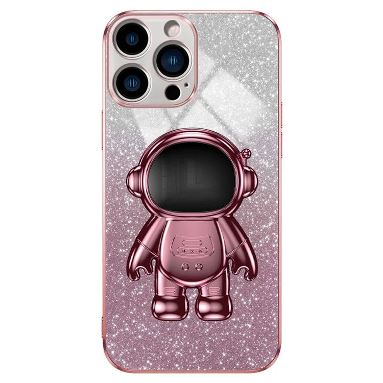 For iPhone 16 Pro Case with Astronaut Kickstand PC+TPU Phone Cover Shiny Glitter