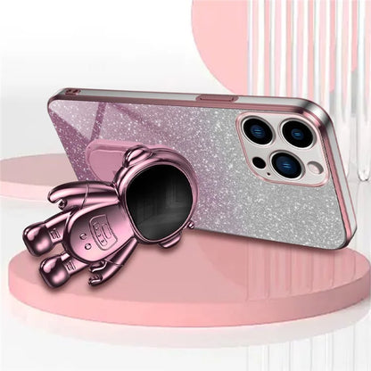 For iPhone 16 Pro Case with Astronaut Kickstand PC+TPU Phone Cover Shiny Glitter