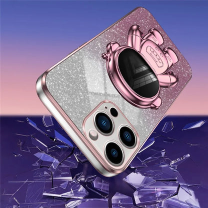 For iPhone 16 Pro Case with Astronaut Kickstand PC+TPU Phone Cover Shiny Glitter