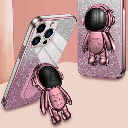 For iPhone 16 Pro Case with Astronaut Kickstand PC+TPU Phone Cover Shiny Glitter