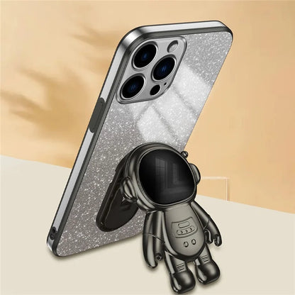 For iPhone 16 Pro Case with Astronaut Kickstand PC+TPU Phone Cover Shiny Glitter