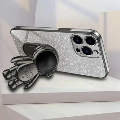 For iPhone 16 Pro Case with Astronaut Kickstand PC+TPU Phone Cover Shiny Glitter