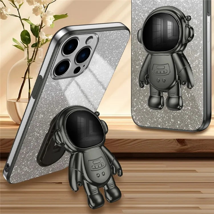 For iPhone 16 Pro Case with Astronaut Kickstand PC+TPU Phone Cover Shiny Glitter