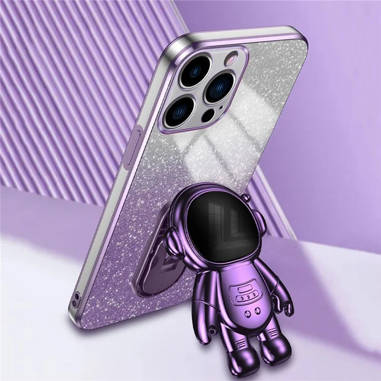 For iPhone 16 Pro Case with Astronaut Kickstand PC+TPU Phone Cover Shiny Glitter