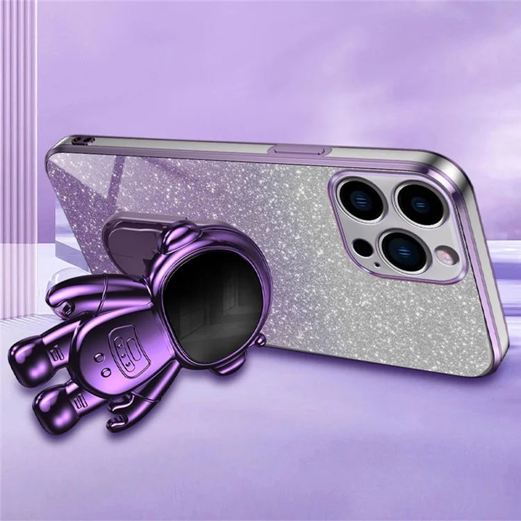 For iPhone 16 Pro Case with Astronaut Kickstand PC+TPU Phone Cover Shiny Glitter