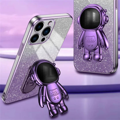 For iPhone 16 Pro Case with Astronaut Kickstand PC+TPU Phone Cover Shiny Glitter
