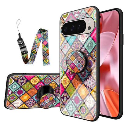 For Google Pixel 9 Pro  /  9 Case Kickstand Ethnic Pattern Tempered Glass Phone Cover with Strap