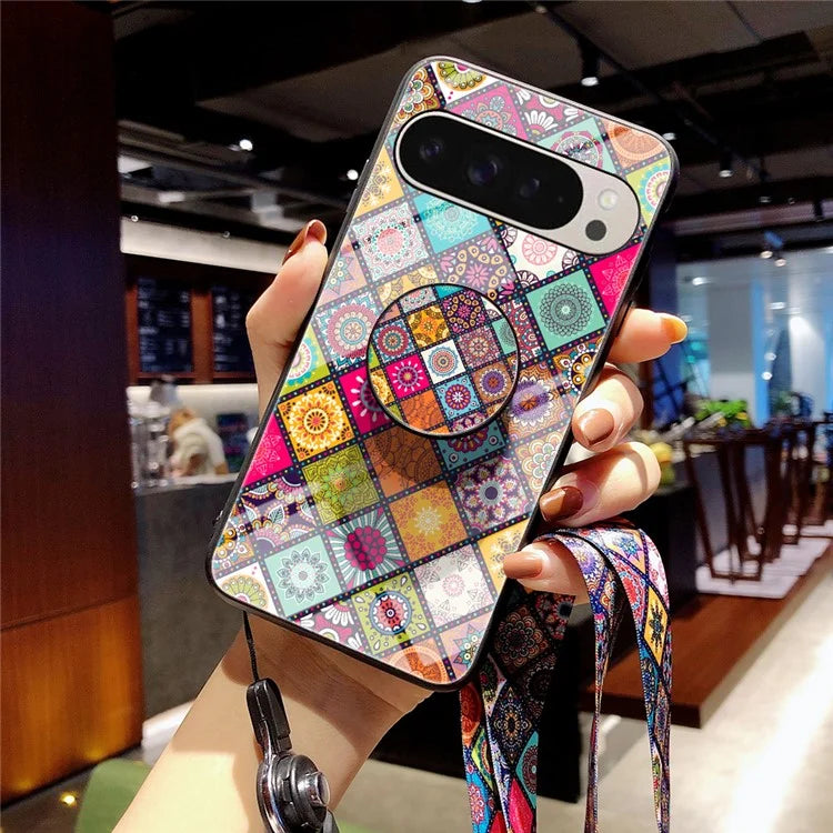 For Google Pixel 9 Pro  /  9 Case Kickstand Ethnic Pattern Tempered Glass Phone Cover with Strap