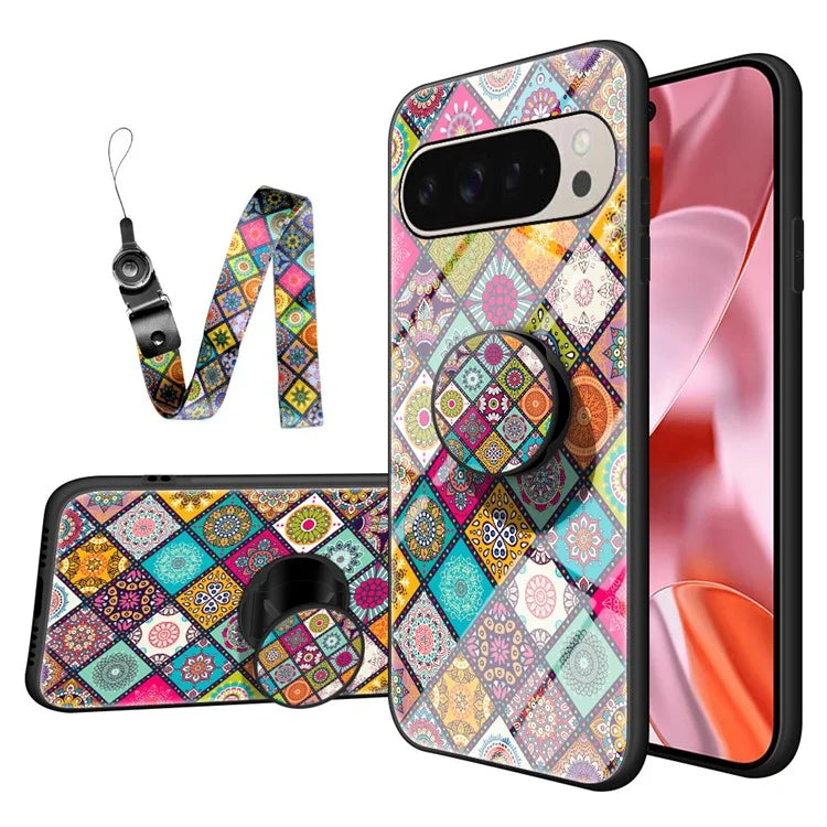 For Google Pixel 9 Pro  /  9 Case Kickstand Ethnic Pattern Tempered Glass Phone Cover with Strap