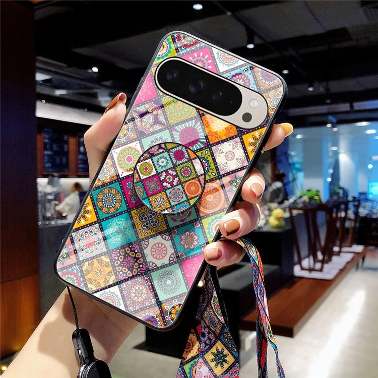 For Google Pixel 9 Pro  /  9 Case Kickstand Ethnic Pattern Tempered Glass Phone Cover with Strap