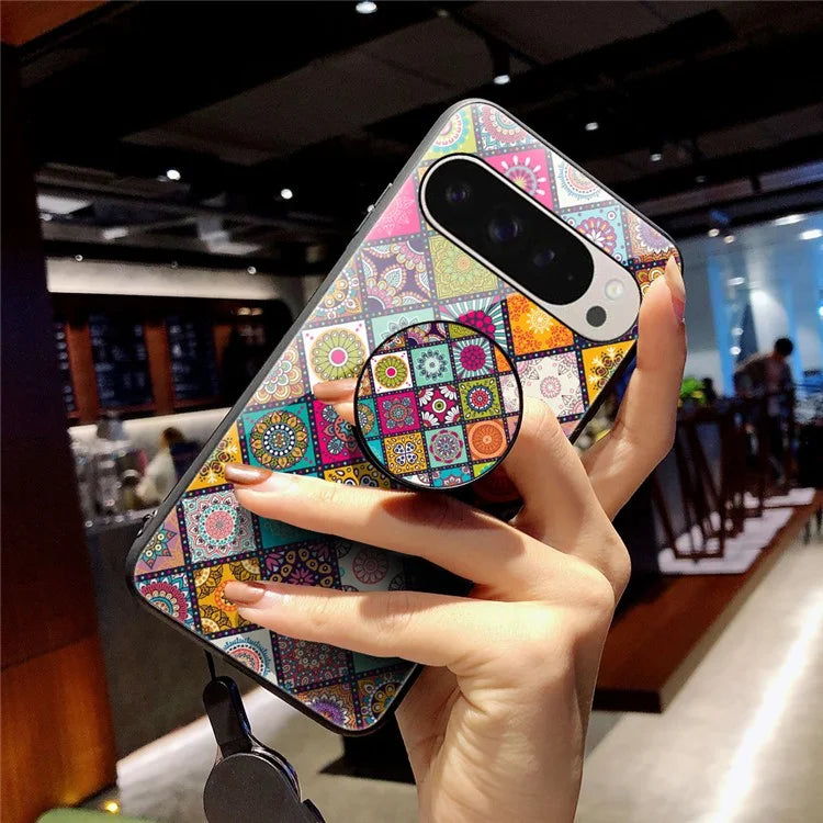 For Google Pixel 9 Pro  /  9 Case Kickstand Ethnic Pattern Tempered Glass Phone Cover with Strap