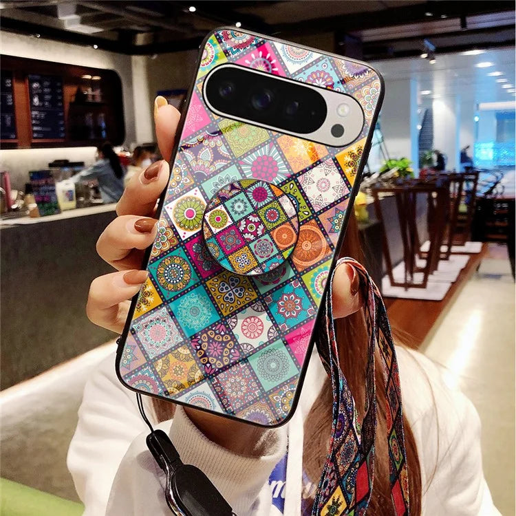 For Google Pixel 9 Pro  /  9 Case Kickstand Ethnic Pattern Tempered Glass Phone Cover with Strap