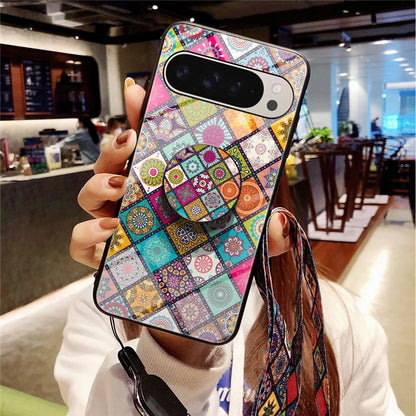 For Google Pixel 9 Pro  /  9 Case Kickstand Ethnic Pattern Tempered Glass Phone Cover with Strap