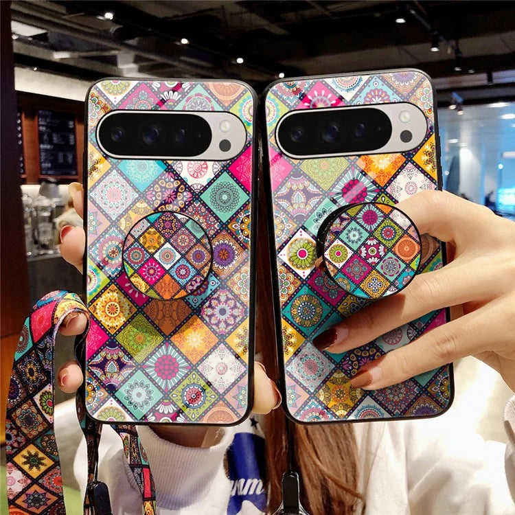 For Google Pixel 9 Pro  /  9 Case Kickstand Ethnic Pattern Tempered Glass Phone Cover with Strap