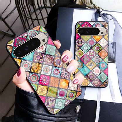 For Google Pixel 9 Pro  /  9 Case Kickstand Ethnic Pattern Tempered Glass Phone Cover with Strap