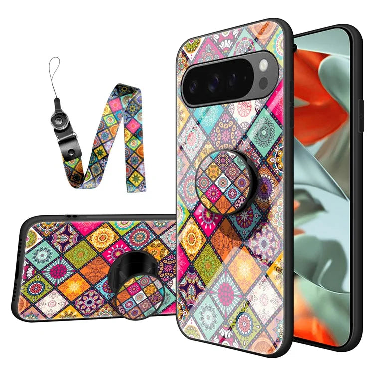 For Google Pixel 9 Pro XL Case Kickstand Ethnic Pattern Tempered Glass Phone Cover with Strap