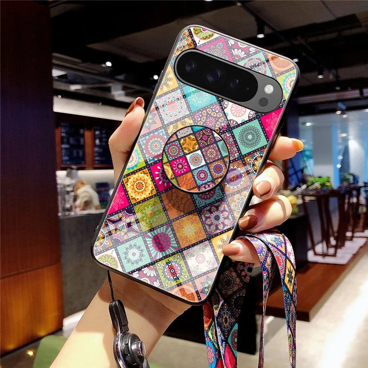 For Google Pixel 9 Pro XL Case Kickstand Ethnic Pattern Tempered Glass Phone Cover with Strap