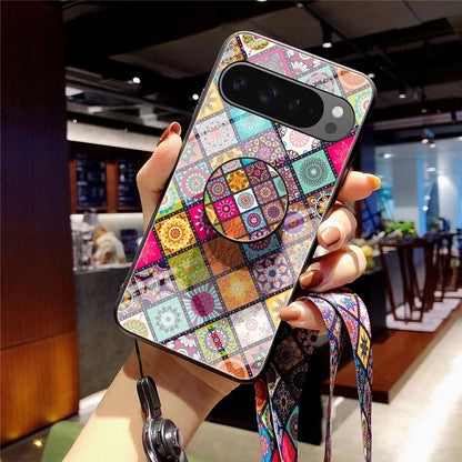 For Google Pixel 9 Pro XL Case Kickstand Ethnic Pattern Tempered Glass Phone Cover with Strap