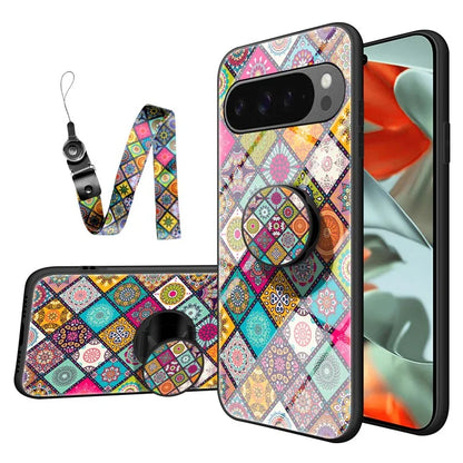 For Google Pixel 9 Pro XL Case Kickstand Ethnic Pattern Tempered Glass Phone Cover with Strap