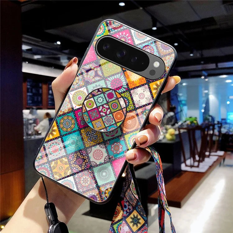 For Google Pixel 9 Pro XL Case Kickstand Ethnic Pattern Tempered Glass Phone Cover with Strap