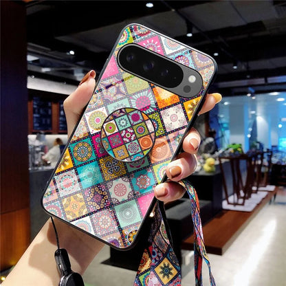 For Google Pixel 9 Pro XL Case Kickstand Ethnic Pattern Tempered Glass Phone Cover with Strap