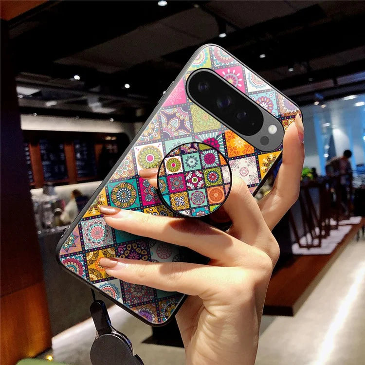 For Google Pixel 9 Pro XL Case Kickstand Ethnic Pattern Tempered Glass Phone Cover with Strap