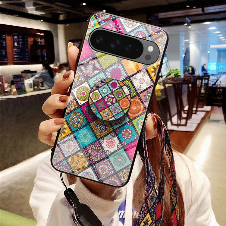 For Google Pixel 9 Pro XL Case Kickstand Ethnic Pattern Tempered Glass Phone Cover with Strap
