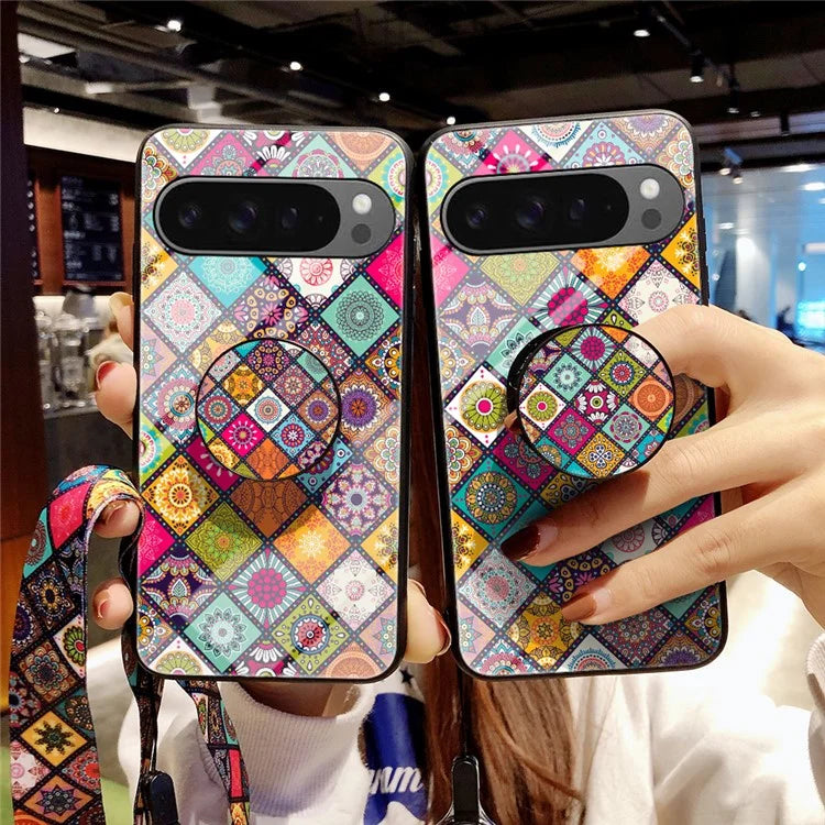 For Google Pixel 9 Pro XL Case Kickstand Ethnic Pattern Tempered Glass Phone Cover with Strap