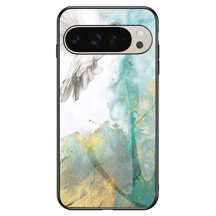 For Google Pixel 9 Pro  /  9 Case Marble Pattern Tempered Glass+PC+TPU Protective Phone Cover