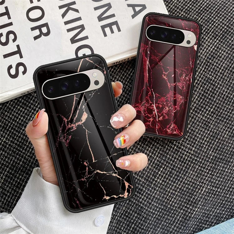 For Google Pixel 9 Pro  /  9 Case Marble Pattern Tempered Glass+PC+TPU Protective Phone Cover